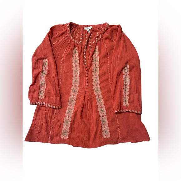 Joie Terracotta Embroidered 100% Cotton Long Sleeve Blouse. Size Medium. - Picture 1 of 13